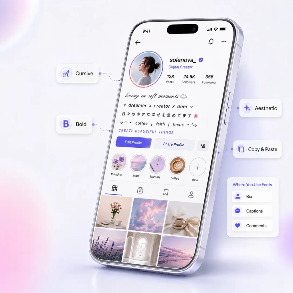 mobile mockup showing how FontGenly stylish fonts appear on an Instagram profile